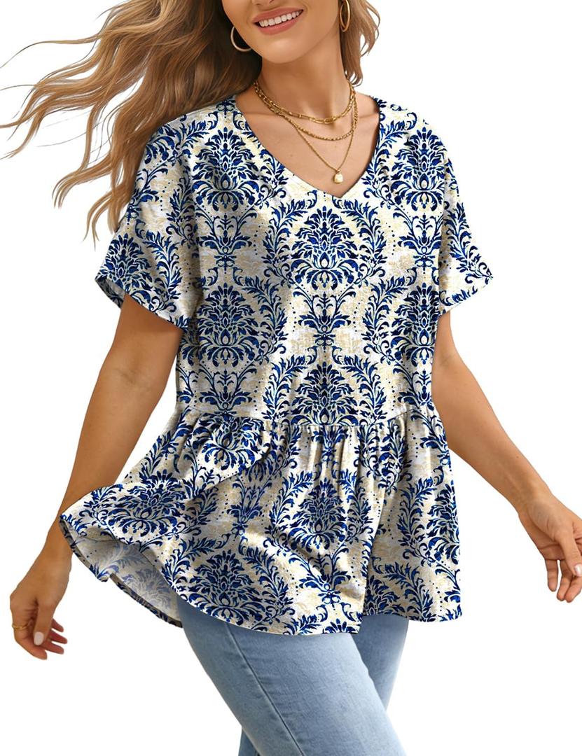 YESNO Women's Summer Tops Casual V Neck Babydoll Blouses Floral Short Sleeve Peplum Shirts TH2 (L)