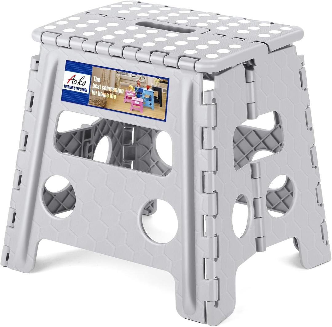 ACKO Folding Step Stool Foldable Stool 13 inch Plastic Stools for Kids and Adults Up to 300 lbs,Stepping Foot Stool with Portable Handle for Kitchen Closet Bedroom (Grey) (Gray)