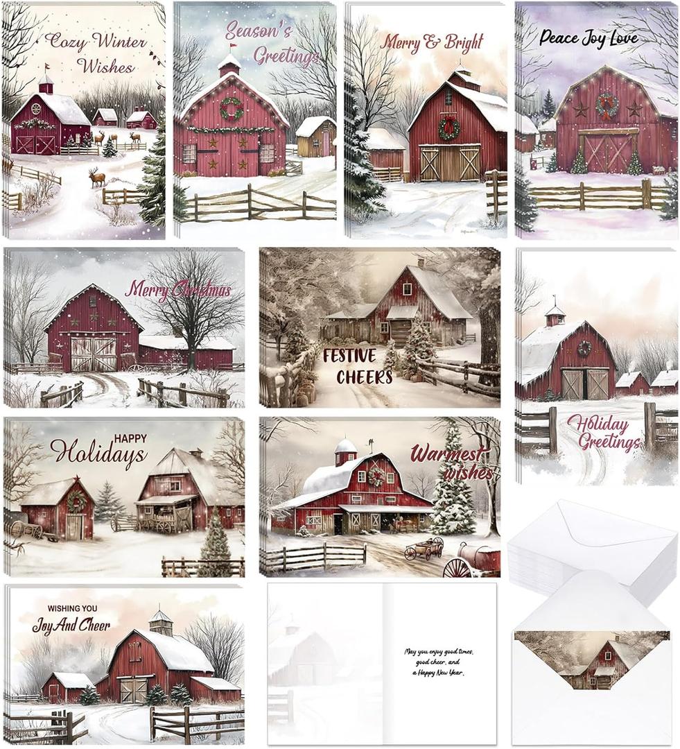 Gersoniel 50 Set Christmas Winter Barn Greeting Cards with Envelopes 10 Designs Vintage Rustic Winter Farmhouse Holiday Snow Scene Cards for Christmas Holiday Gift Supplies, 6 x 8 Inch