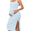V FOR CITY Summer Maternity Dress for Baby Shower Side Slit Bodycon Sleeveless Rib Knit Pregnancy Dresses Baby, Blue, Medium