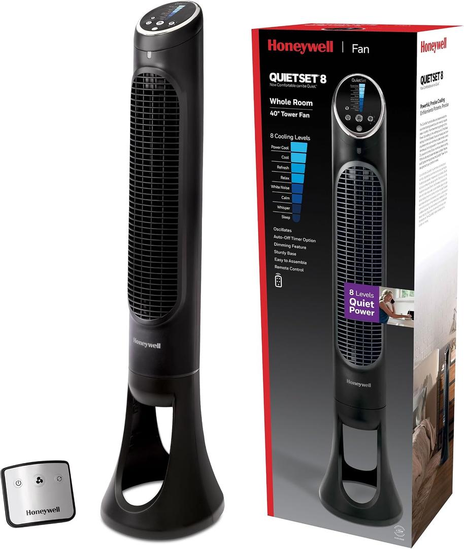 Honeywell QuietSet Whole Room Tower Fan, Oscillating Tower Fan with Remote, Black, HYF290B, 8 Speed