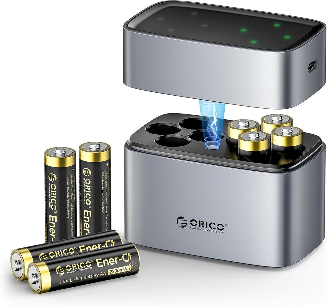 ORICO Rechargeable AA Lithium Batteries with Charger(8 Pack, 1.5V), Recharge up to 1500+ Cycles, 2.5H Fast Charger, Li-Ion Batteries Suitable for Remote Control, Electronic Toys -LEV8