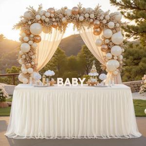 Ivory Tulle Tablecloth for 6 Foot Rectangular Tables 6ft Ivory Table Cloth Rectangle Wrinkle Free Table Cover with Tutu Skirt for Wedding Birthday Party Bridal Shower Banquet Buffet Cake Cocktail