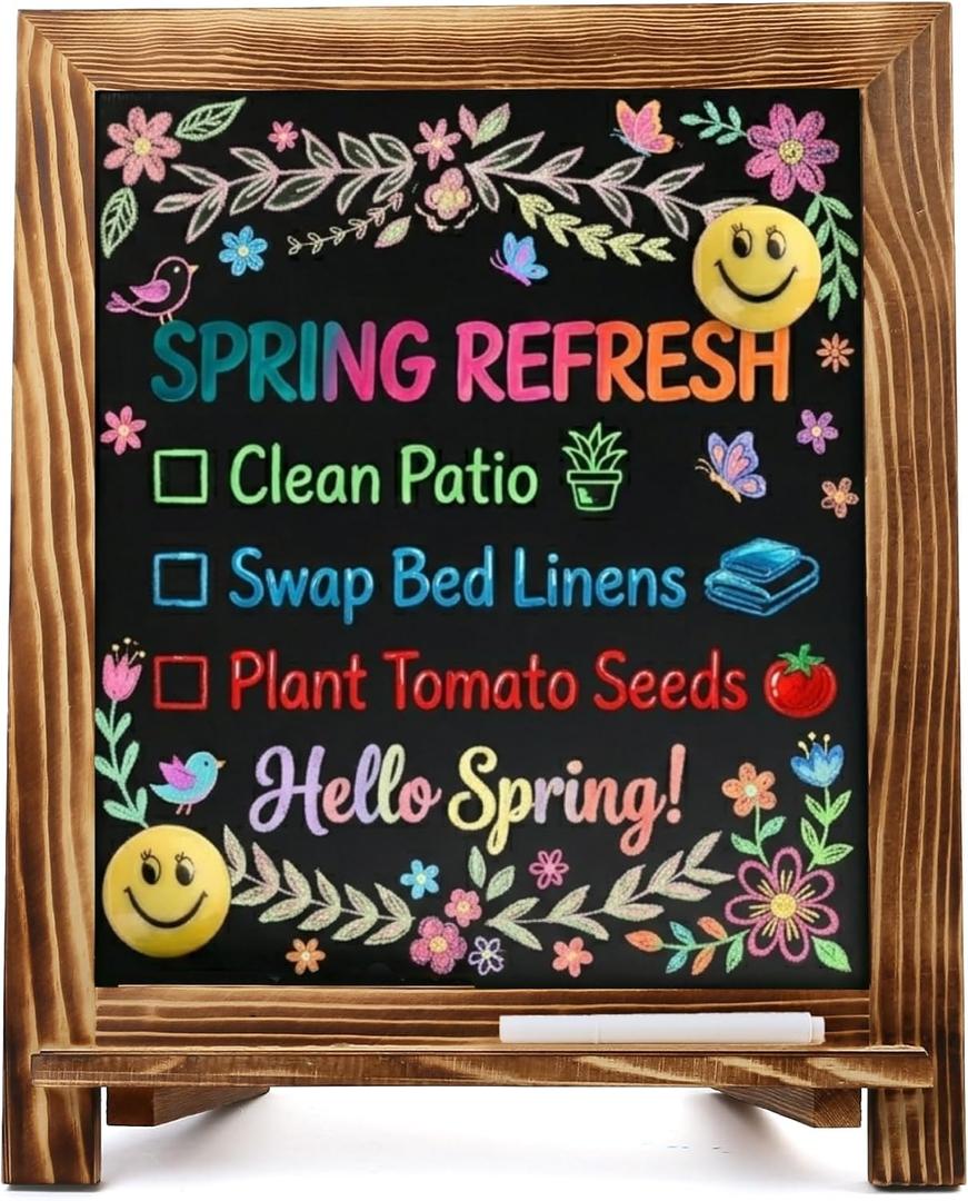 LotFancy 15"x12" Magnetic Chalk Board Sign, Small Wood Framed Tabletop Black Easel Chalkboard, Foldable Standing Ledge,1 White Chalk Pen 2 Magnets and Wall Hanging Kits Included,Rustic Brown