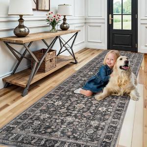 Black 3x10 Washable Runner Rug: 10ft Runners for Hallways Soft Non Slip Kitchen Rugs for Bedroom Bathroom Entryway - Stain Resistant Vintage Floral Carpet (Dark Black Gray, 3X10)
