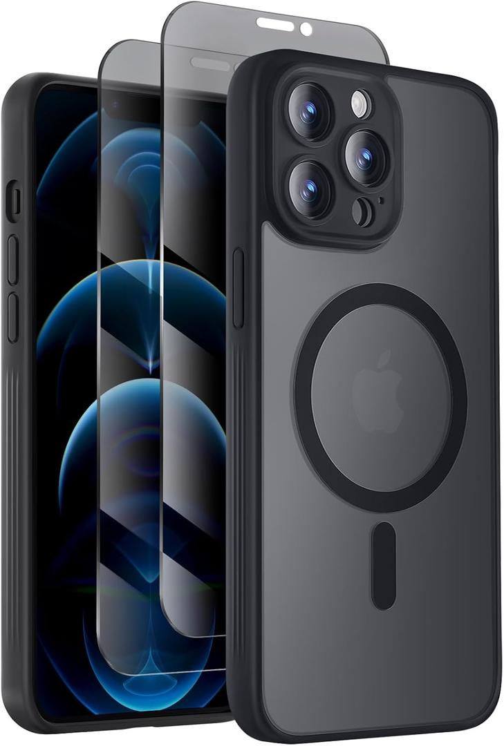 Symcele Designed for iPhone 12 Pro Case, Compatible with MagSafe, with Privacy Screen Protectors X2, [Camera Protection] [15FT Military Drop Protection] Shockproof Phone Case, 6.1", Black