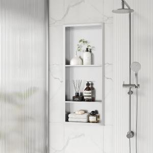 Qeke Stainless Steel Shower Niche 12" X 29", No Tile Needed Wall Niche Three-Tier, Recessed Shower Shelf for Bathroom Storage, Brushed Nickel