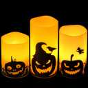 Eldnacele Halloween Flameless Candles, LED Flickering Battery Pillar Candles with 6H Timer and Pumpkin Decals, Spooky Fall Halloween Festival Party Decoration Set of 3 (D 3 x H 4 5 6) 8-Pumpkin Timer