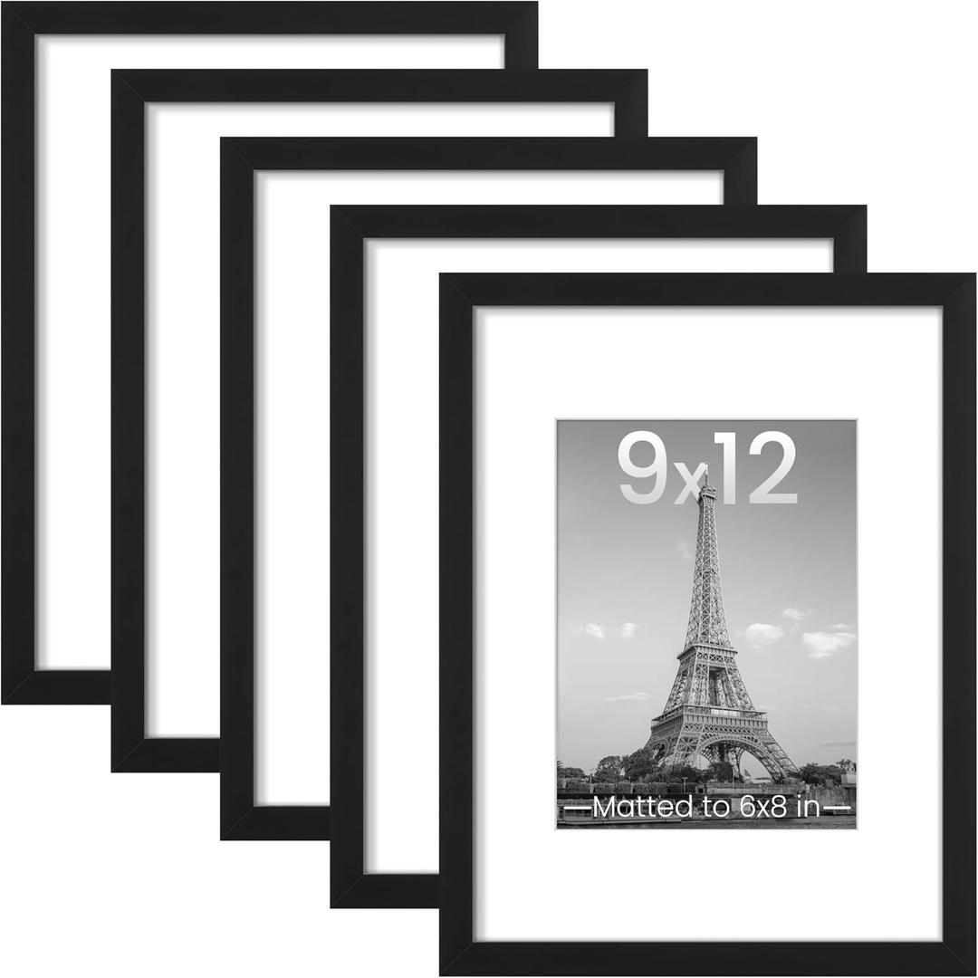 Upsimples 9x12 Picture Frame Set of 5, Display Pictures 6x8 with Mat or 9 x 12 Without, Wall Gallery Photo Frames, Black