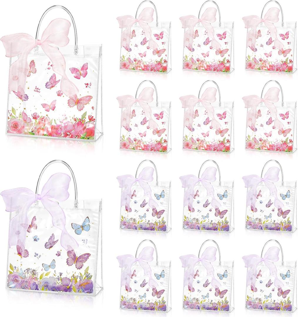 Hosuly 24 Pcs Butterfly Gift Bags with Ribbon, Clear PVC Spring Butterfly Treat Bags with Handles, Reusable Pink Purple Transparent Favor Bag for Wedding, Baby Shower, Birthday, Theme Party
