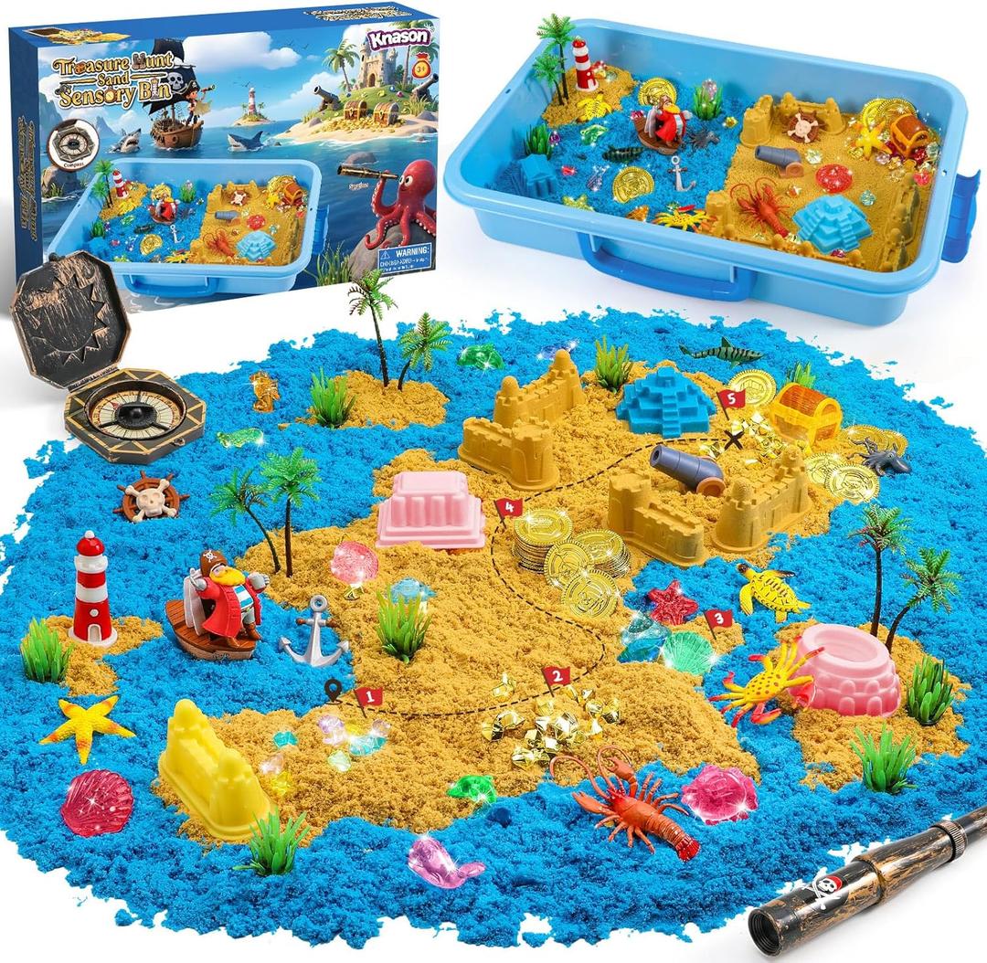 Pirate Treasure Chest Sensory Bin, Play Sand Kit for Boys with Pirate Accessories,2.2lbs Sand, Glow in The Dark Gems and Map, Pretend Play Adventure Sensory Toys for Toddlers Kids Ages 3 4 5 6 7 8