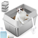 Stainless Steel Cat Litter Box with Lid, L High Sided Metal Sifting Litter Box for Pine Pellets, Enclosed Sifting Box for Small Cats, Anti-Leakage, Easy Clean, Include Scoop, Liner, Pee Pad and Hook
