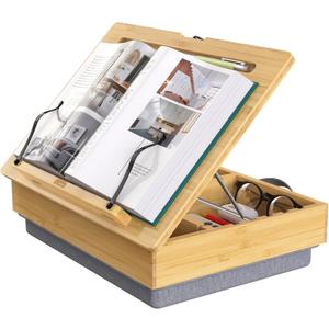 AboveTEK Book Stand for Reading with Storage, Adjustable Bamboo Book Holder with Soft Lap Cushion, Cookbook Stand, Hands-Free Book Reading Stand for Bed, Desktop & Kitchen Counter