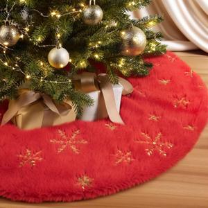 MACTING Faux Fur Christmas Tree Skirt with Gold Sequin Snowflakes 28 Inch Red Plush Skirt Fluffy Soft Double Layer Small Tree Mat Base Cover for Merry Christmas Party Holiday Xmas Tree Decorations