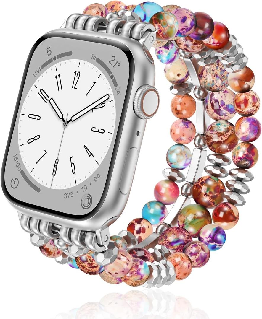 Natural Stone Beaded Watch Band for Women Compatible with Apple Watch 38mm 40mm 41mm 42mm 44mm 45mm 46mm 49mm Dressy Cute Watch Strap for Apple Watch Ultra 2/Ultra Series 10/9/8/7/6/5/4/3/2/1 SE (Purple)