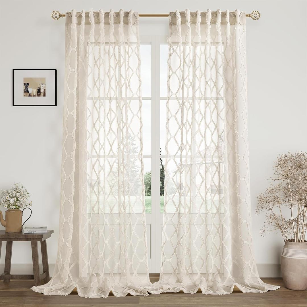 Beige Sheer Curtains 84 Inches Long for Living Room Rod Pocket Back Tab Sand Taupe Tan Semi Sheer Curtain Geometric Embroidered Tuft Pom Textured Drapes Earth Tone Farmhouse Rustic Bedroom Nursery (52"W x 84"L (Pack of 2))