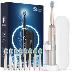 Rtauys M5 Electric Toothbrush for Adults - Sonic Electric Toothbrush for Kids and Adults with 8 Brush Heads & Travel Case, 120 Days Battery Life - Champagne Gold