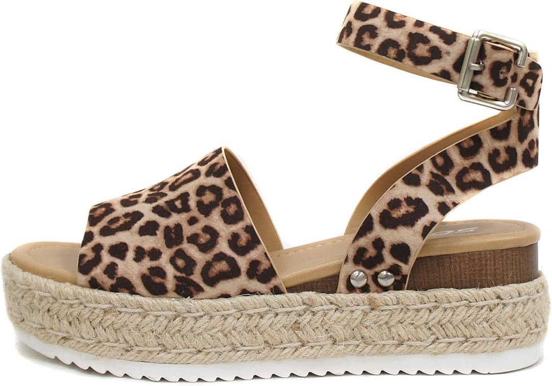 Soda Topic Open Toe Buckle Ankle Strap Espadrilles Flatform Wedge Casual Sandal (7, Oat Cheetah)