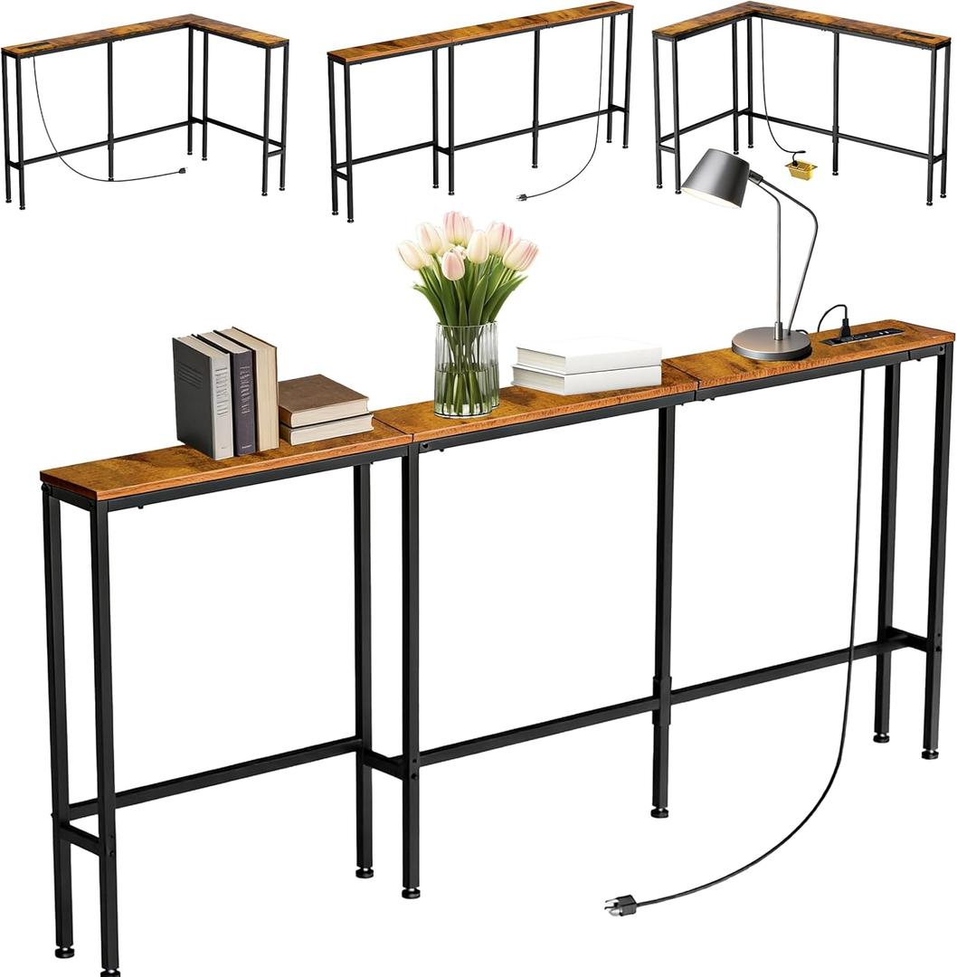 70" Narrow Console Sofa Table with Power Outlets & 2 USB Ports, L Shaped Behind Couch Table Skinny, 3 Assembly Options Entryway Tables with Charging Station for Living Room, Hallway, Brown, 70IN