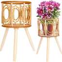 Boho Rattan Plant Stand Indoor Outdoor - 2 Rattan Wicker Planter Shelf for Multiple Plants, Mid Century Modern Wooden Flower Pot Holder with Stand, Farmhouse Home Decor for Living Room (Double round style (2-piece set))