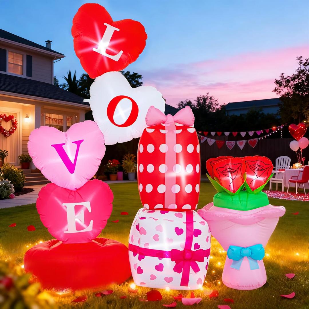 Valentine Inflatables Outdoor Decorations 6 FT Valentine's Day Inflatable Love Gift Box Bouquet Blow Up Decor with LED Lights for Yard, Lawn, Garden Romantic Gifts