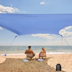 WEKAPO Beach Tent Sun Shelter - Easy Setup Beach Canopy with 4 Sturdy Poles, Large Sandbags and Shovel, 6'7'' Tall, Windproof Sun Shade for Backyard and Camping, UPF 50+ Protection, 8x8 Ft 4 Pole