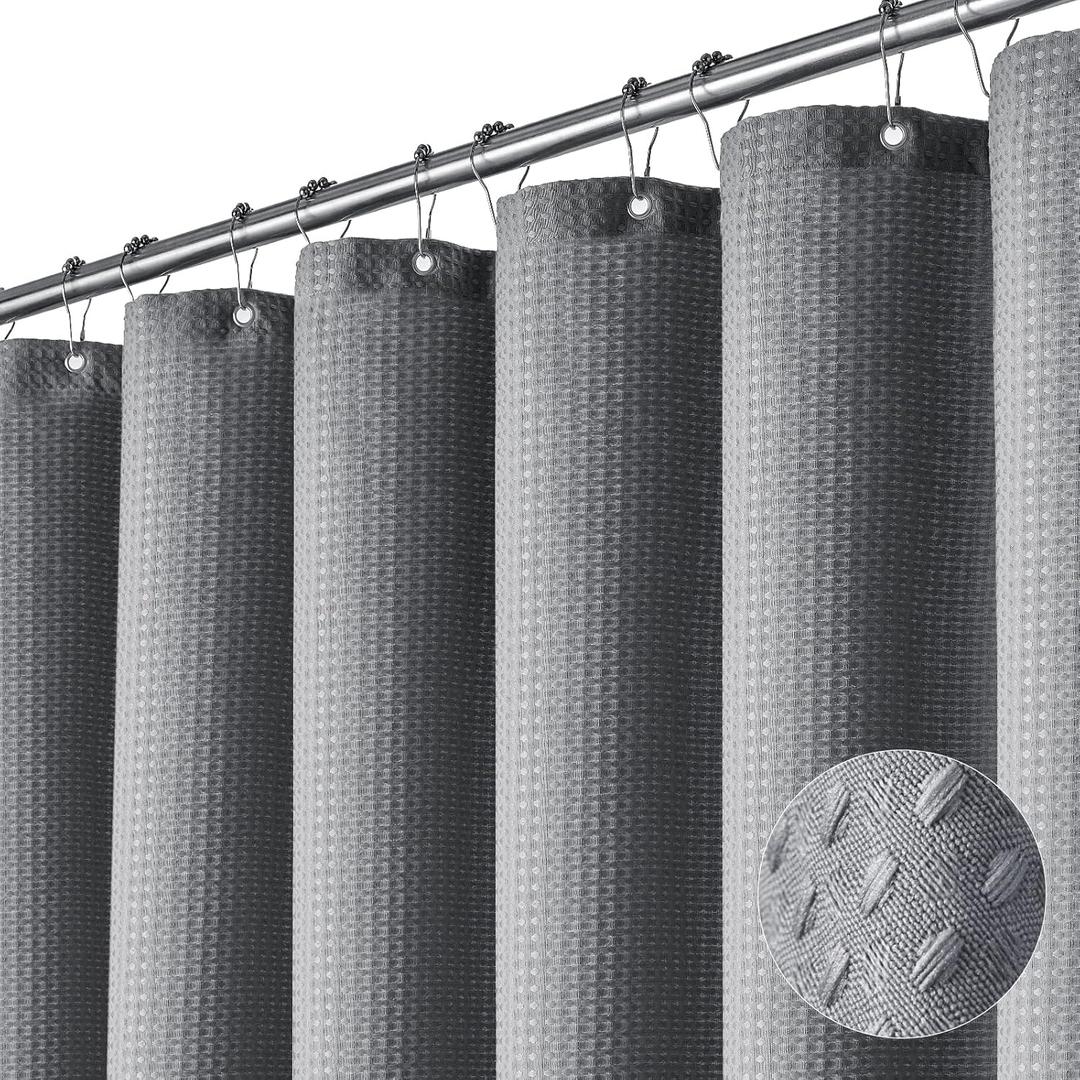 Dynamene Extra Long Fabric Shower Curtain - Waffle Weave 90 Inches Long Heavy Duty Cloth Shower Curtains for Bathroom, 256GSM Tall Hotel Luxury Bath Curtain Set with 12 Plastic Hooks,Grey/Gray