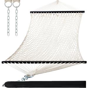 PNAEUT Double Hammocks for Outside, 13ft Traditional Rope Hammock for 2 Person with Hardwood Spreader Bar and Carrying Bag, 475 lbs Capacity (Beige)