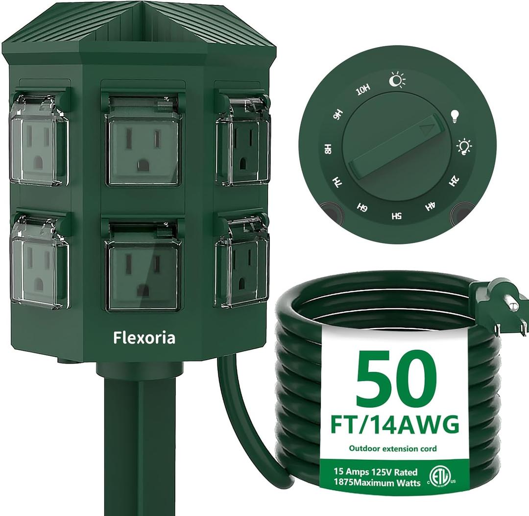 Outdoor Power Strip Timer Waterproof, Dusk to Dawn Light Sensor Countdown, 50 Feet Extension Cord, 6 Grounded Outlets for Halloween and Christmas Decorations, ETL Listed