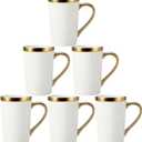 Porcelain Coffee Mugs Set of 6 - White and Gold with Gold Handle, 12 Oz Luxury Cup Set, Dishwasher Safe, Elegant Gift