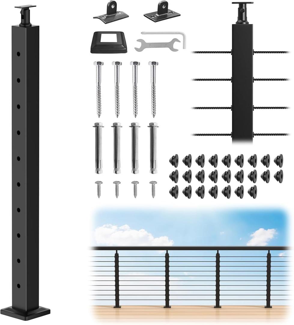 CKE 36" Cable Railing Post(Post 35"x2"x2"), Adjustable Top Level Drilled Cable Railing Post, Matte Black T304 Stainless Steel Level Drilled Railing Line Handrail Post for Indoor Outdoor, LP01