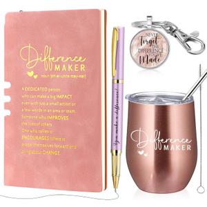 4 Pcs Difference Maker Gift Inspirational Journal Ballpoint Pen Tumbler Thank You Keychain Staff Appreciation Gifts Bulk for Women Wen Office Valentines Nurse Teacher Employee Gifts(Pink)