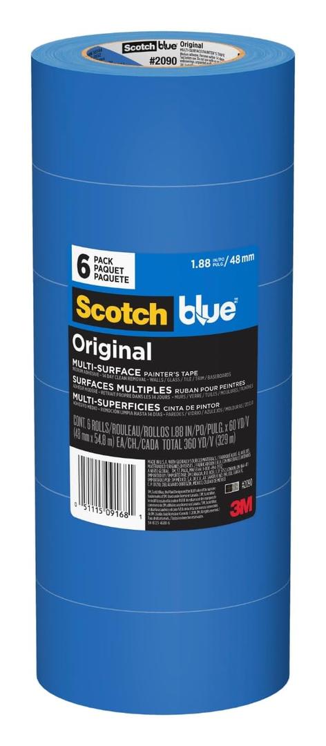 ScotchBlue Original Multi-Surface Painters Tape, 2 Inch Wide (1.88 In. x 60 Yds), 6 Rolls Blue Paint Tape Protects Surfaces & Removes Easily, Masking Tape for Indoor and Outdoor Use (2090-48TP6)