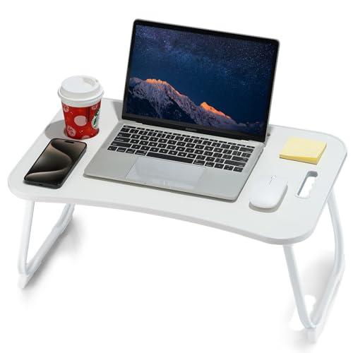 ZEAPTAC Laptop Bed Desk, Foldable Lap Desk, Portable Lap Table, Laptop Stand with Cup Holder & Tablet Slot & Lifting Handle for Working Writing Drawing & Eating - White