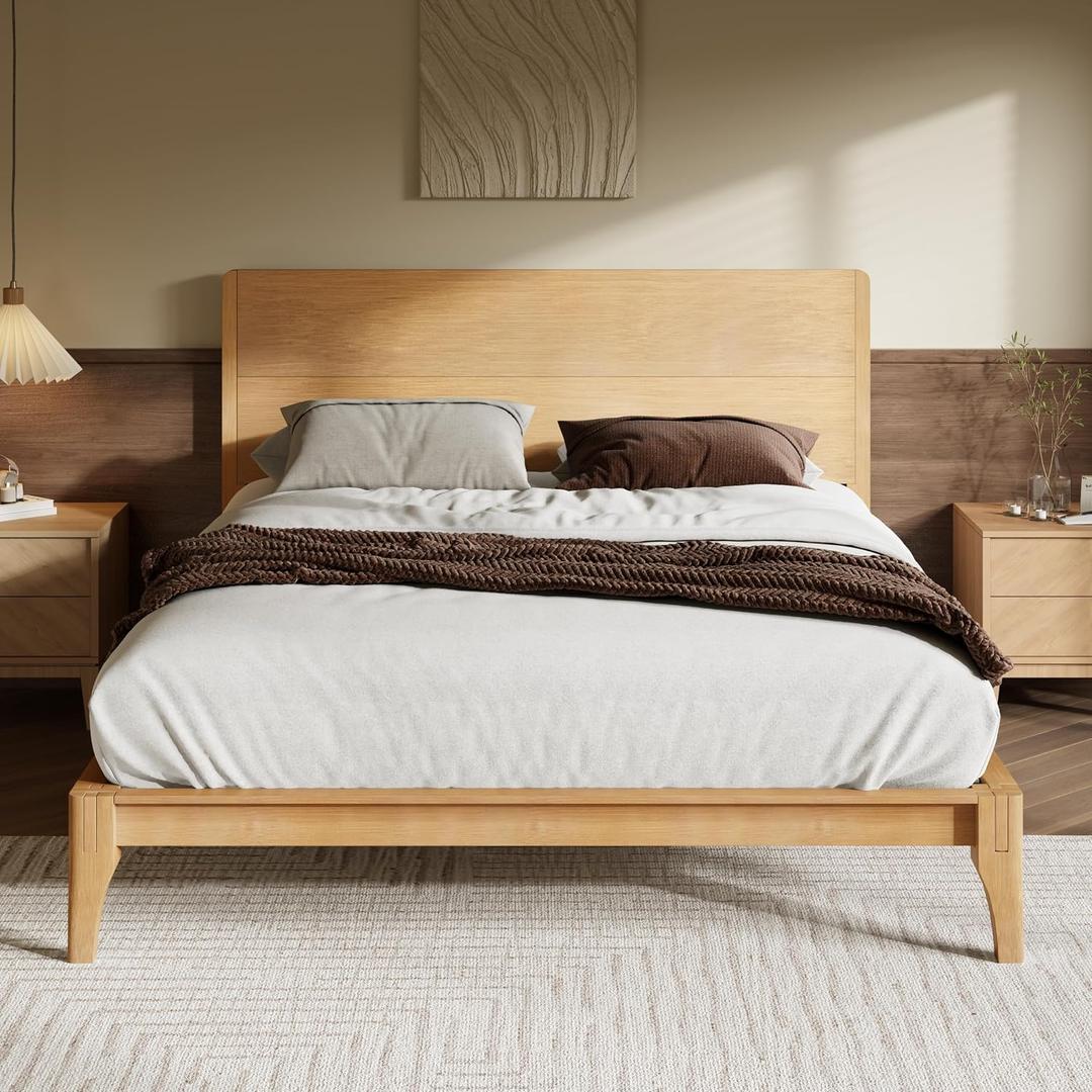 Merax King Size Bamboo Platform Bed, Mid-Century Modern Bed Frame with Tall Headboard, Solid Sustainable Bedframe King-Size, Wood Slat Support, No Box Spring Needed, Easy Assembly, Natural