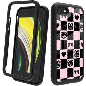 Compatible with iPhone SE 2022/2020 (3rd/2nd Gen), iPhone 8/7 | Shockproof Rugged Dual-Layer Protective Cover for Women Girls - Cute Bear Rabbit Ribbon Plaid 015