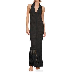 Saodimallsu Womens Halter Crochet Cover Up Fringe Sexy Backless Sleeveless V Neck Collared Vacation Beach Maxi Dress (Small, Black)