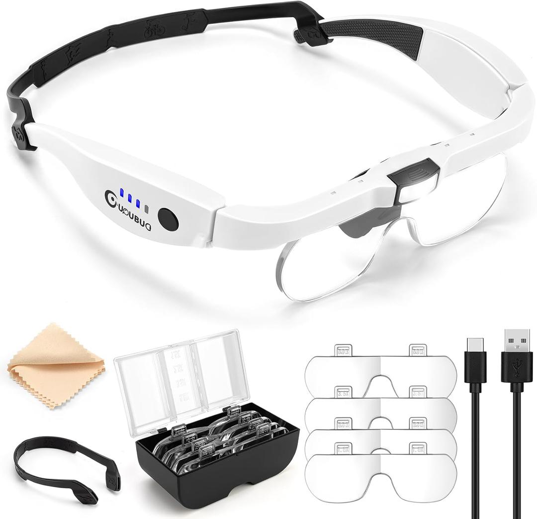 Magnifying Glass with Light, 1.5X-5.0X Magnifying Glasses, Rechargeable Magnifier Headset with Light, Head Magnifier with 4 Detachable Lenses, Magnify Glasses for Close Work Crafts Jewelry