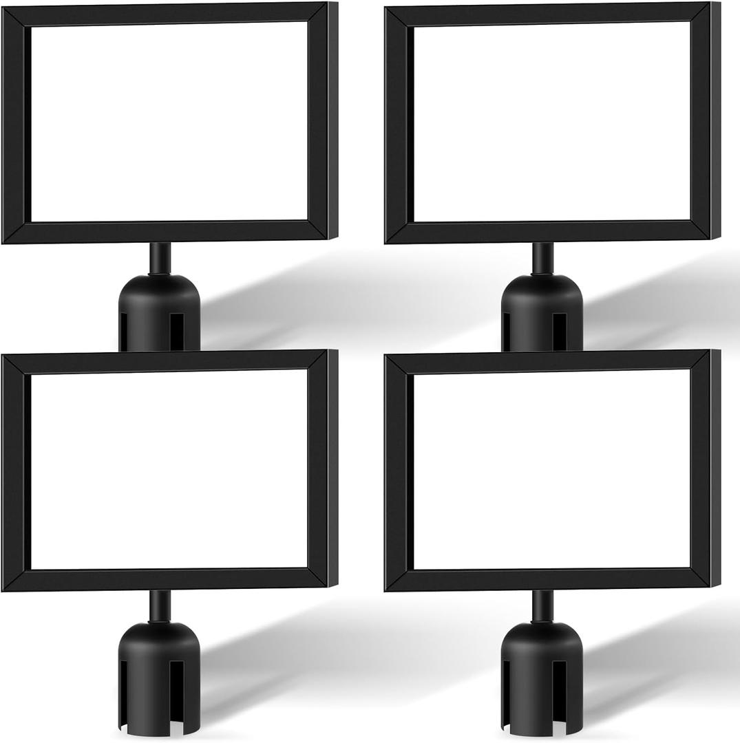 Kigley 4 Pack Stanchion Sign Holder Horizontal Double Sided Frame with Cover Landscape Display for 8.5 x 11 Inch Paper Size Stanchion Post Top Crowd Control Queue Barrier (Black)