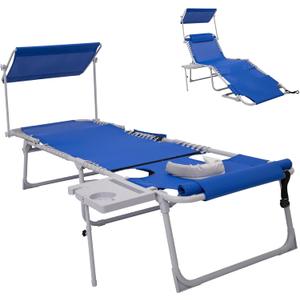 #WEJOY Tanning Chair with Face Hole & Canopy & Side Table, 5 Positions Adjustable Sunbathing Lounge Chair Facedown Chaise Lounge with Pillow Quick Dry for Beach Pool Outdoor Camping Patio,Darkblue