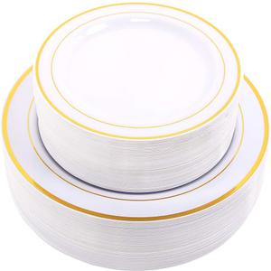 WDF 60PCS White Gold Plates Disposable - Gold Plastic Plates, Including 30-10.25inch Gold Dinner and 30-7.5inch Salad/Dessert for Valentine's Day