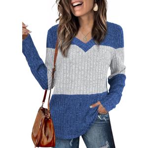 Women's Tops Fall Fashion Sweatshirts for Women V Neck Long Sleeve Sweaters Lightweight Dressy Casual Pullover (Small, Blue)