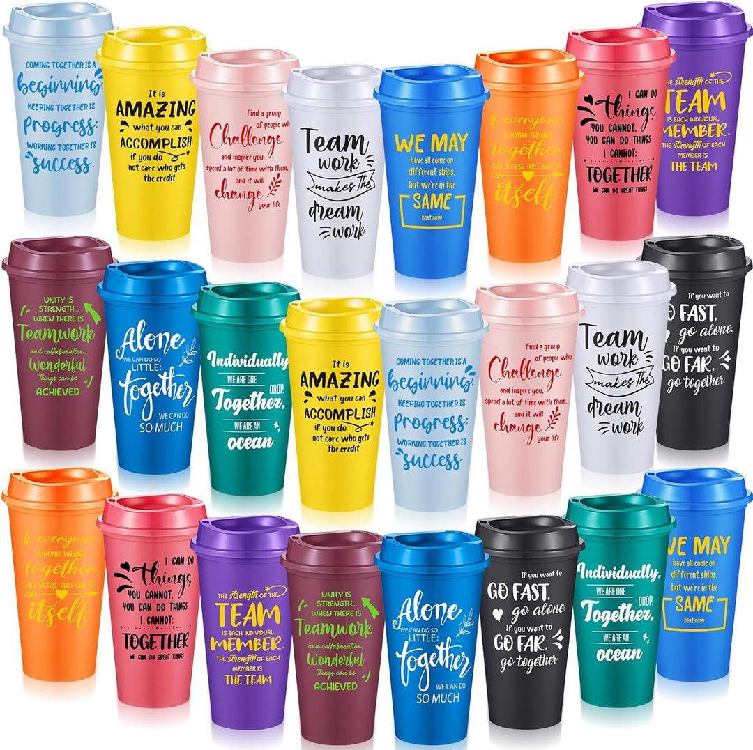 24 Pcs Appreciation Cups Gifts, Team Coffee Mugs for Office Coworkers Employee Staffs, 16 oz Reusable Plastic Cups with Lids, Gifts for Staff at Work (Bright Color)