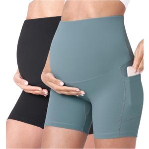 POSHDIVAH 2PCS Black Light Green Women's Maternity Yoga Shorts Over The Belly Bump Summer Workout Running Active Short Pants with Pockets 5" Small