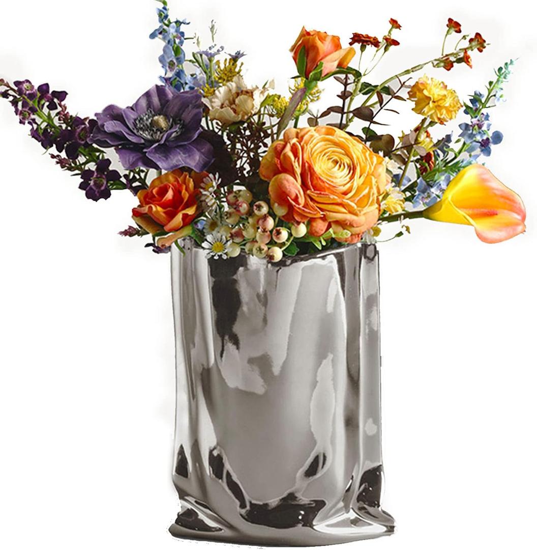 BLOFLO Silver Ceramic Modern Vase Crinkle Fold Paper Bag Handmade Ceramic Vase, Creative Flower Arrangement Ornaments, Decorative Vases for Home Decor, Mantel, Living Room Decoration (Silver)