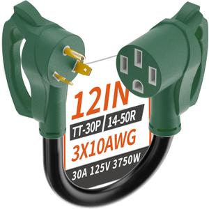 PlugSaf 12 inch 30 Amp to 50 Amp RV Adapter, 10/3 Gauge Heavy Duty RV Electrical Adapter for Camper 1 FT, NEMA TT-30P to NEMA 14-50R, STW 10AWG 30A 125V 3750W, Green-Black, ETL Listed