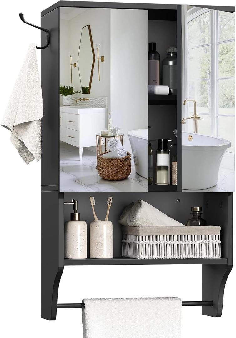 MAHANCRIS Bathroom Wall Cabinet with Mirror, Medicine Cabinet with 2 Door and Adjustable Shelf, Wall Mounted Over The Toilet Storage Cabinet with Towel Bar for Bathroom Laundry Room Kitchen, Black, 15.0"L x 7.3"W x 26.2"H