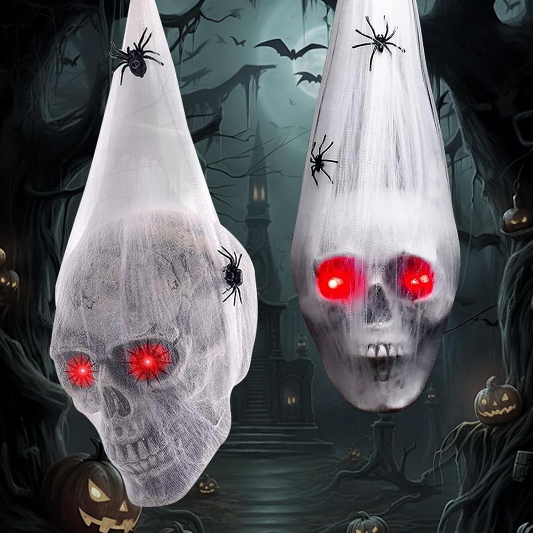 Halloween Decorations Outdoor 2 Packs Hanging Skull Decor Indoor Scaring Skull with Light up Eyes Spider Web Haunted House Hanging Skeleton Ghost for Yard Tree Decors Halloween Party Decor