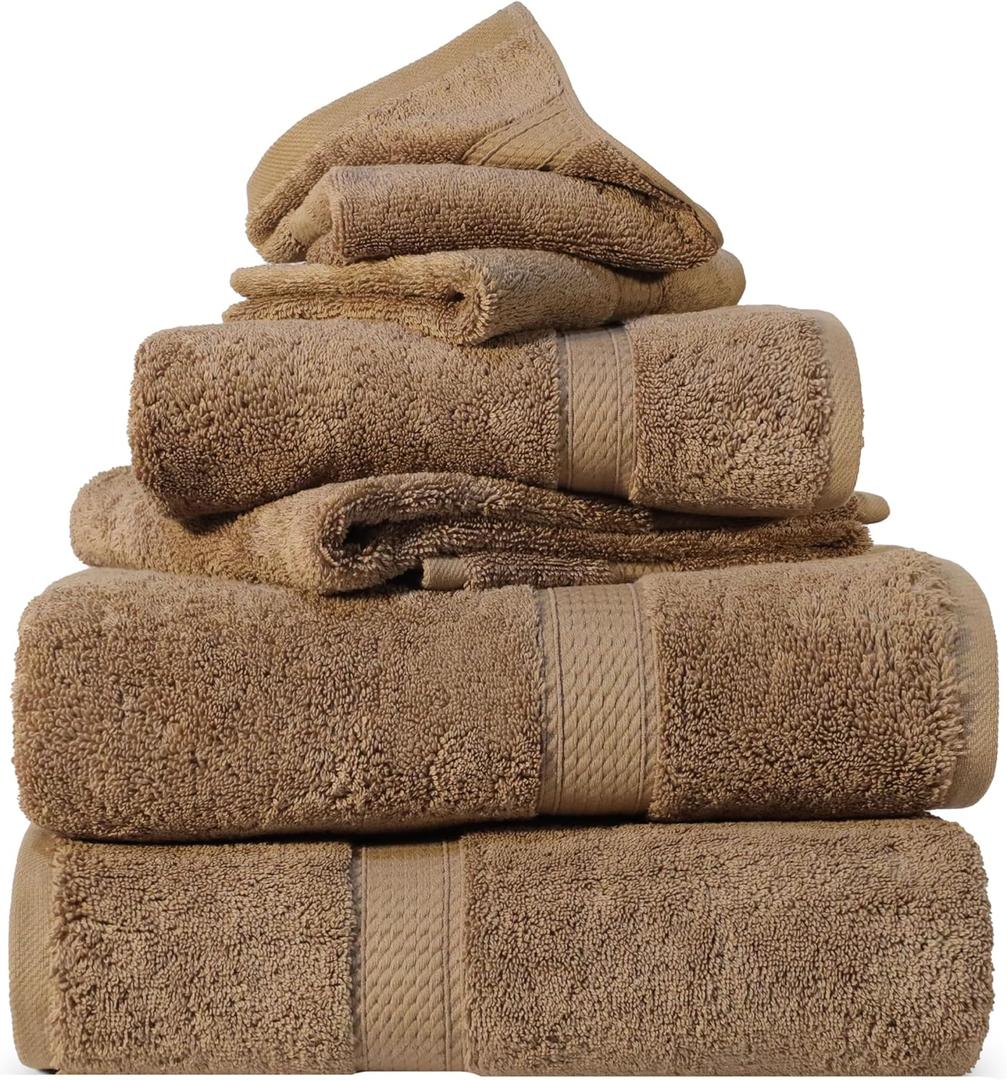 Superior Egyptian Cotton Pile 6 Piece Towel Set, Includes 2 Bath, 2 Hand, 2 Face Towels/Washcloths, Ultra Soft Luxury Towels, Thick Plush Essentials, Guest Bath, Spa, Hotel Bathroom, Latte