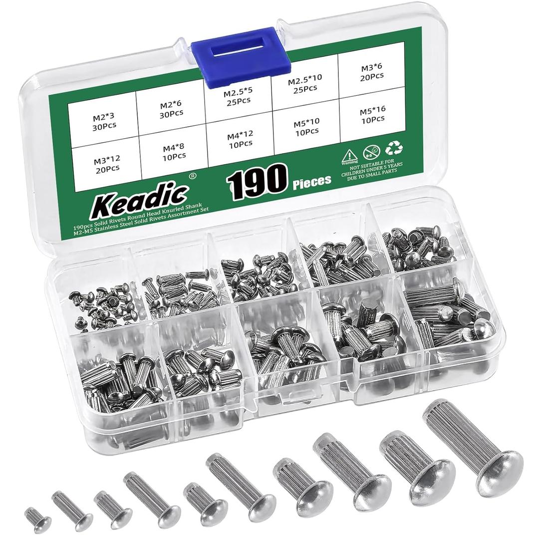 Keadic 190Pcs M2 M2.5 M3 M4 M5 304 Stainless Steel Brazier Head Solid Rivet Set, 3mm 5mm 6mm 8mm 10mm 12mm 16mm Solid Rivet Fasteners for Repairing Boats Furniture Automotive